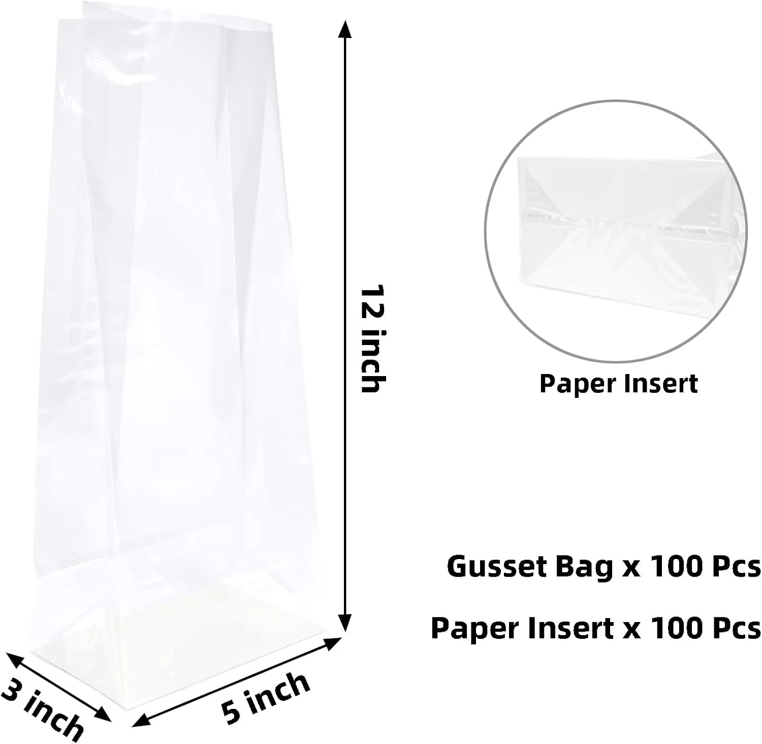 Yotelab Flat Bottom Cellophane Bags, 5x3x12 Inches Gusseted Cellophane Bags With Paper Insert,100 Pieces