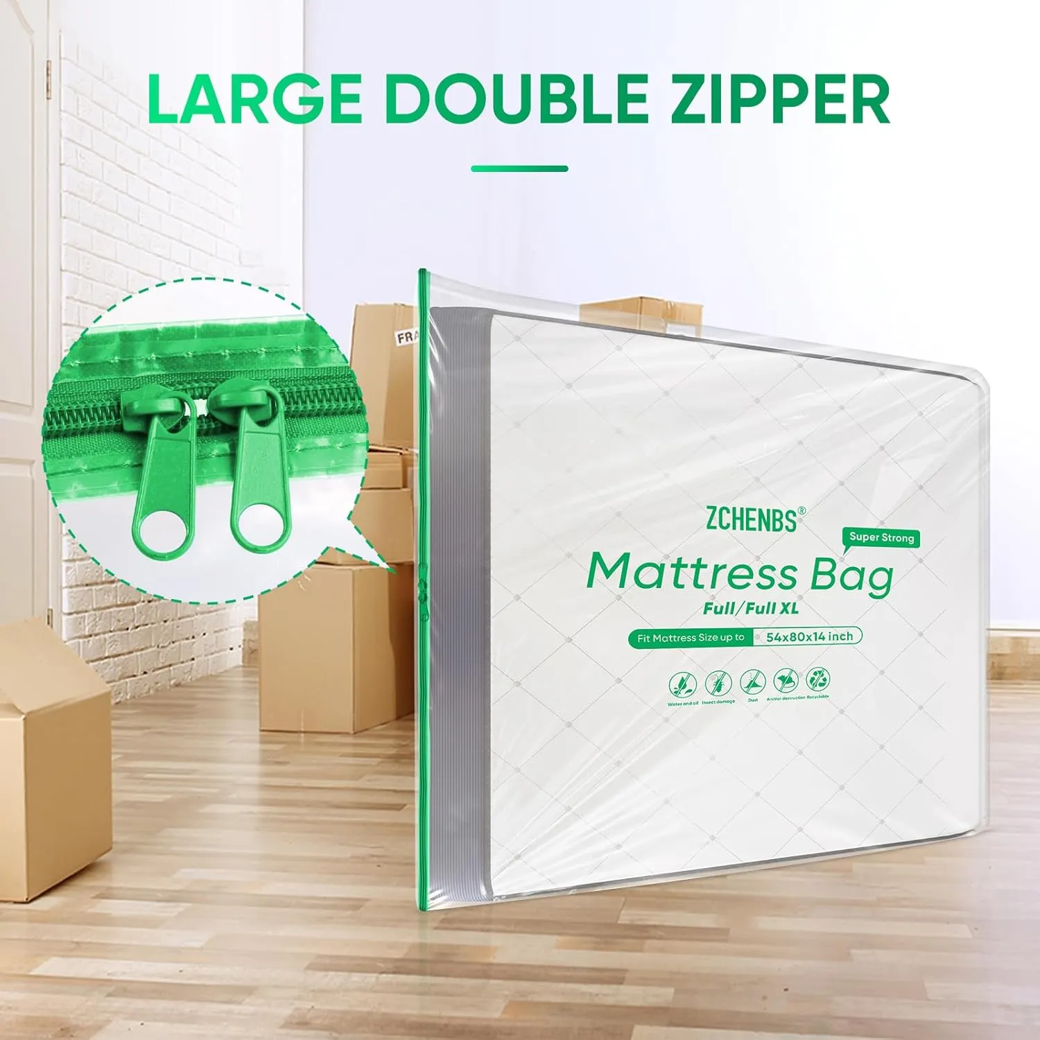 ZCHENBS® – Mattress Bags for Moving and Storage,Mattress Bag with Zippers,5 Mil Ultra-Thick Bed Bag,Waterproof,Anti-Tear,Heavy-Duty Mattress Bag (Tansparent/Green, Full/Full XL-(1 Pack))