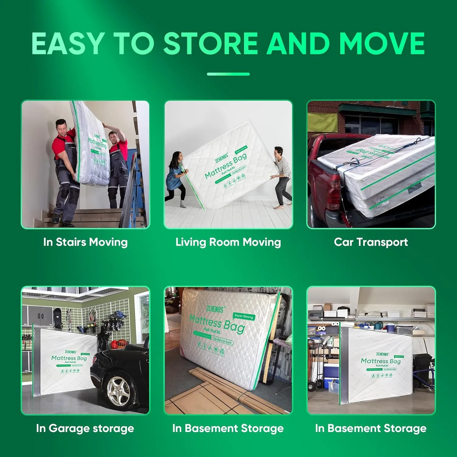 ZCHENBS® – Mattress Bags for Moving and Storage,Mattress Bag with Zippers,5 Mil Ultra-Thick Bed Bag,Waterproof,Anti-Tear,Heavy-Duty Mattress Bag (Tansparent/Green, Full/Full XL-(1 Pack))