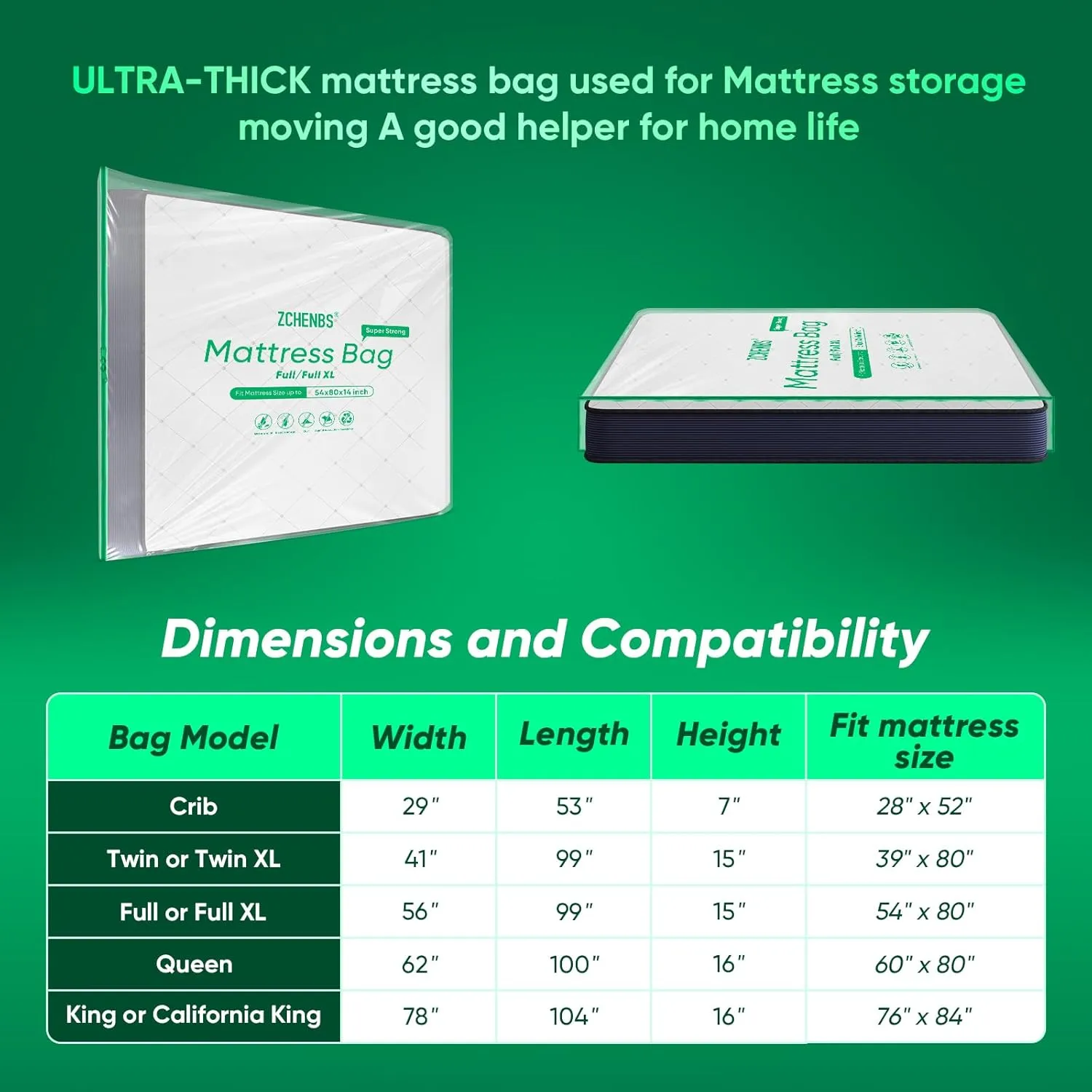 ZCHENBS® – Mattress Bags for Moving and Storage,Mattress Bag with Zippers,5 Mil Ultra-Thick Bed Bag,Waterproof,Anti-Tear,Heavy-Duty Mattress Bag (Tansparent/Green, Full/Full XL-(1 Pack))
