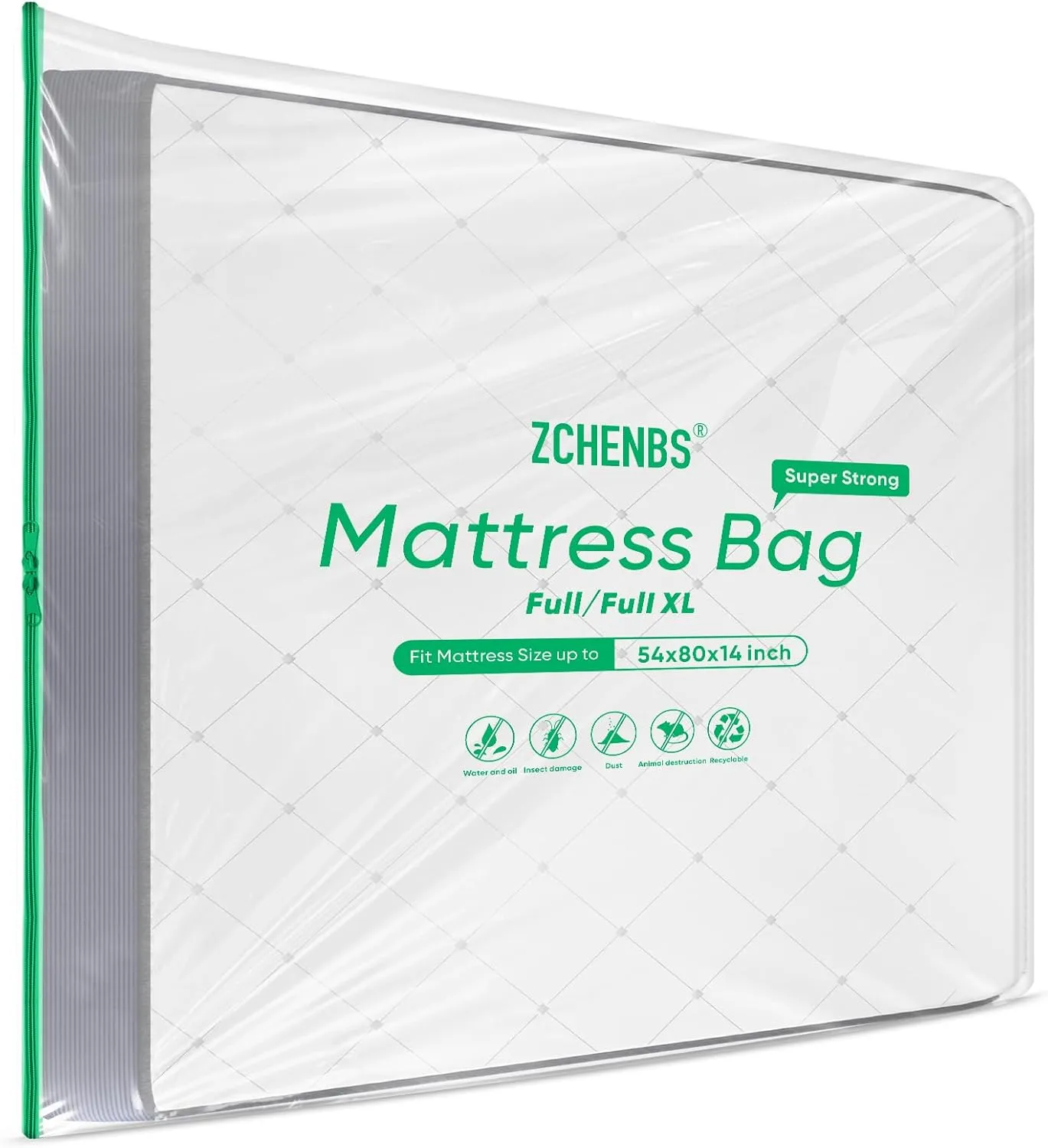 ZCHENBS® – Mattress Bags for Moving and Storage,Mattress Bag with Zippers,5 Mil Ultra-Thick Bed Bag,Waterproof,Anti-Tear,Heavy-Duty Mattress Bag (Tansparent/Green, Full/Full XL-(1 Pack))