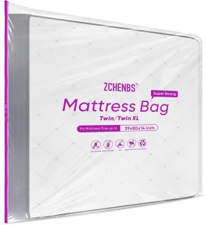 ZCHENBS® – Mattress Bags for Moving and Storage,Mattress Bag with Zippers,5 Mil Ultra-Thick Bed Bag,Waterproof,Anti-Tear,Heavy-Duty Mattress Bag (Tansparent/Purple, Twin/Twin XL-(2 Pack))
