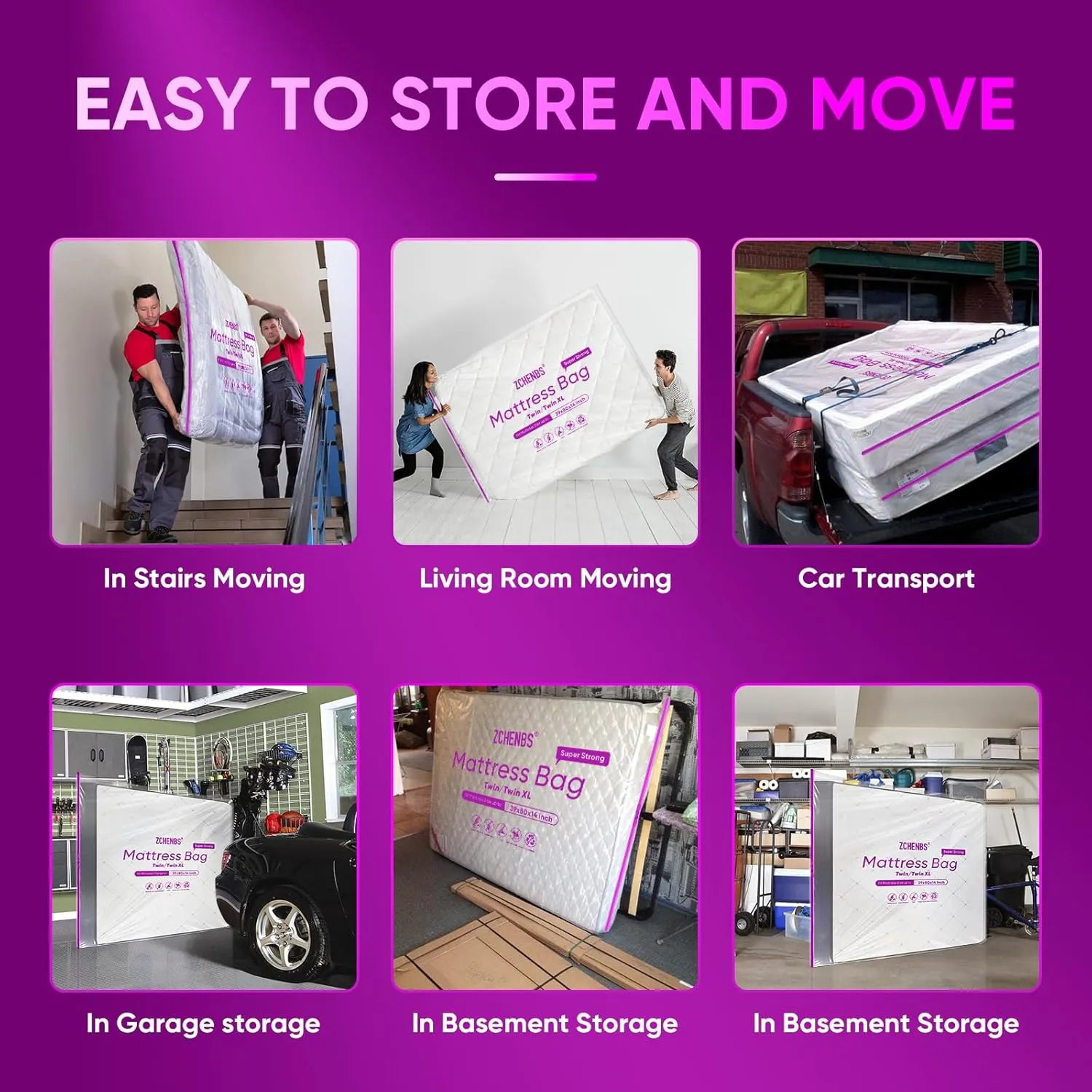 ZCHENBS® – Mattress Bags for Moving and Storage,Mattress Bag with Zippers,5 Mil Ultra-Thick Bed Bag,Waterproof,Anti-Tear,Heavy-Duty Mattress Bag (Tansparent/Purple, Twin/Twin XL-(2 Pack))