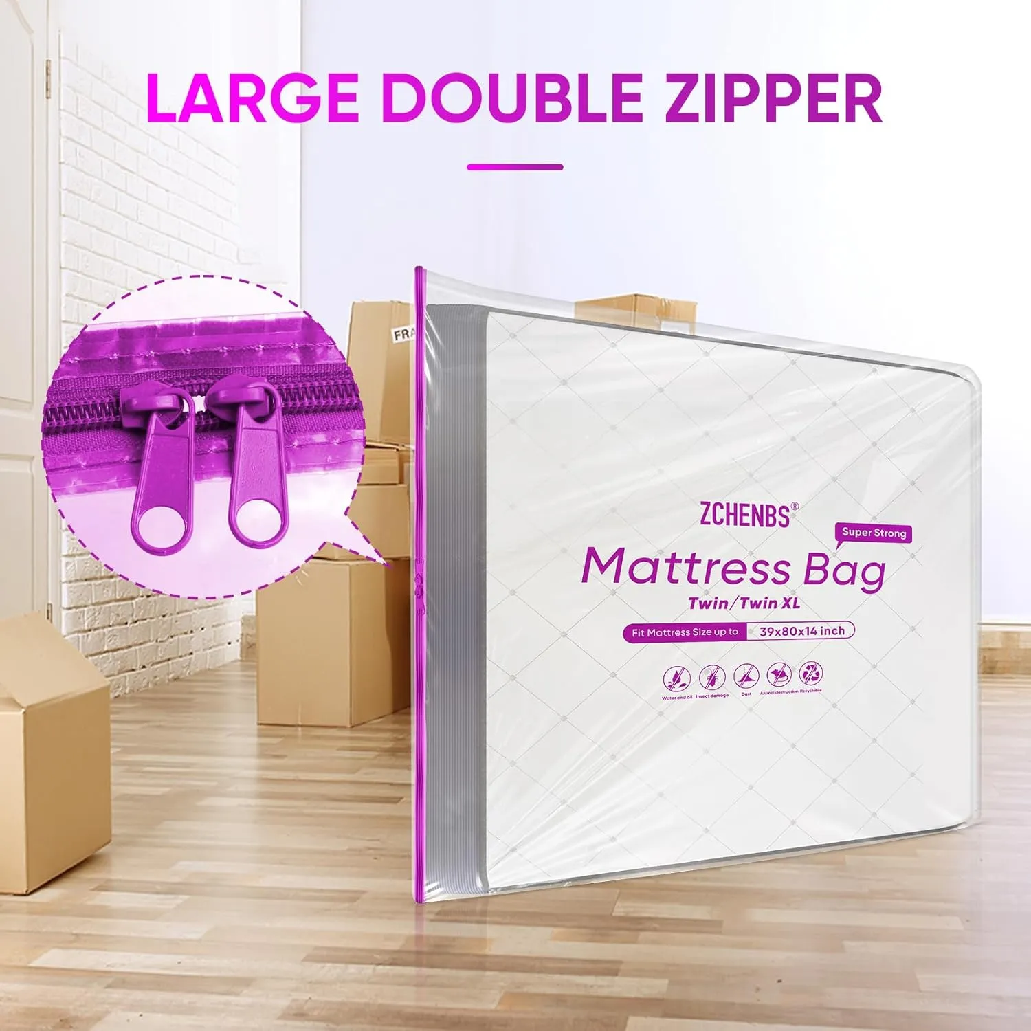 ZCHENBS® – Mattress Bags for Moving and Storage,Mattress Bag with Zippers,5 Mil Ultra-Thick Bed Bag,Waterproof,Anti-Tear,Heavy-Duty Mattress Bag (Tansparent/Purple, Twin/Twin XL-(2 Pack))