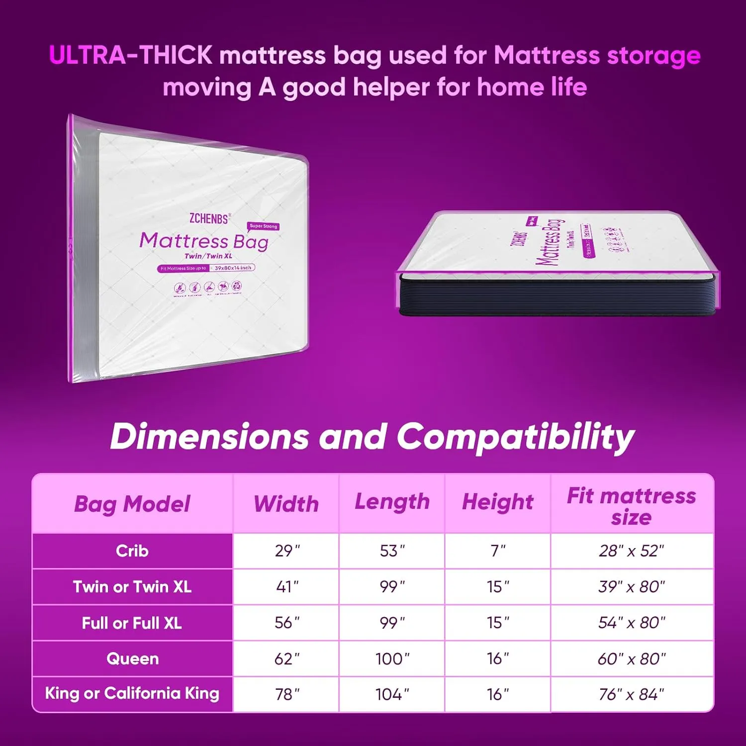 ZCHENBS® – Mattress Bags for Moving and Storage,Mattress Bag with Zippers,5 Mil Ultra-Thick Bed Bag,Waterproof,Anti-Tear,Heavy-Duty Mattress Bag (Tansparent/Purple, Twin/Twin XL-(2 Pack))