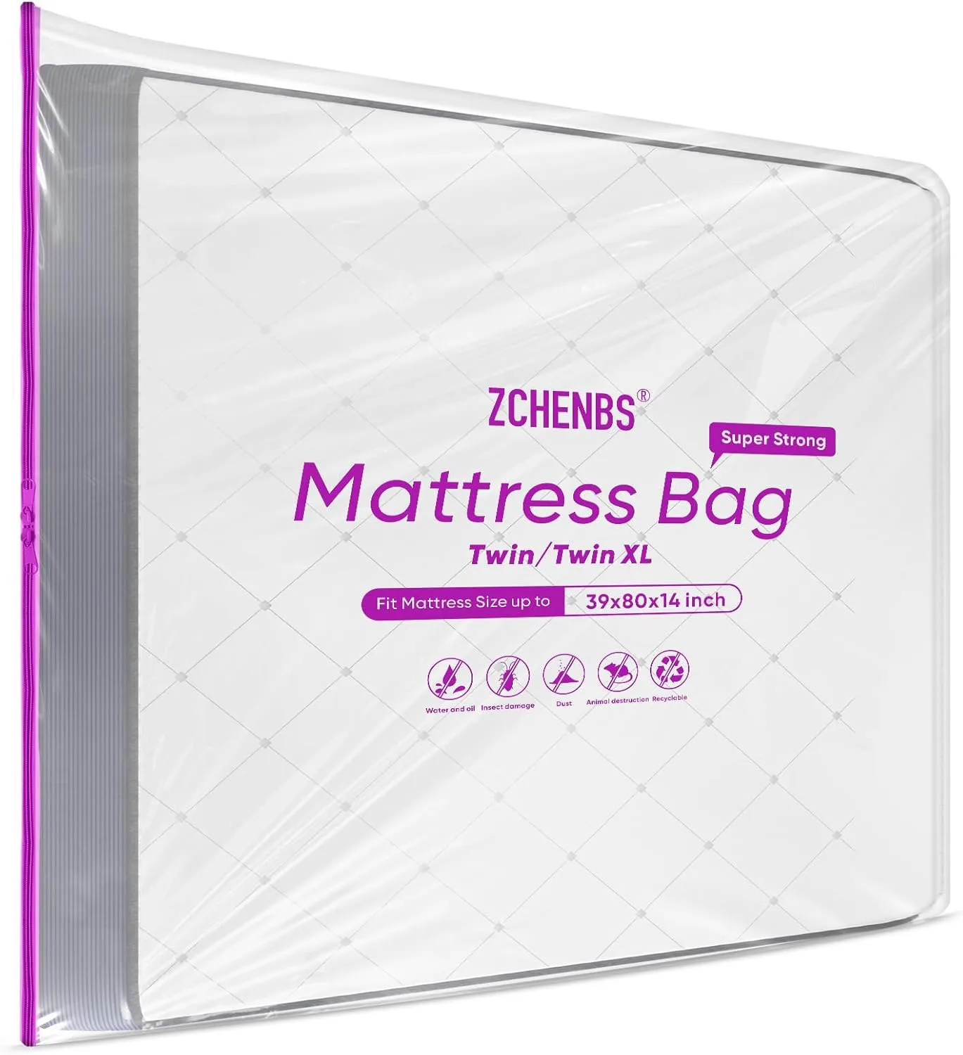 ZCHENBS® – Mattress Bags for Moving and Storage,Mattress Bag with Zippers,5 Mil Ultra-Thick Bed Bag,Waterproof,Anti-Tear,Heavy-Duty Mattress Bag (Tansparent/Purple, Twin/Twin XL-(2 Pack))