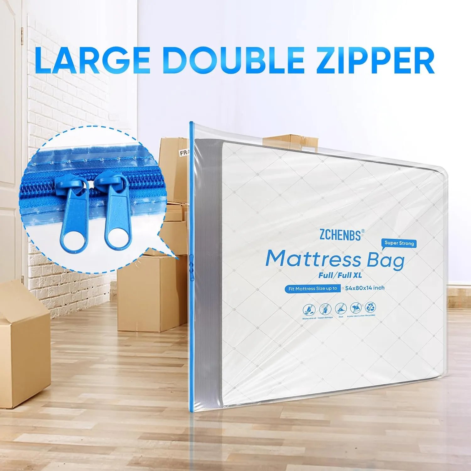 ZCHENBS® – Mattress Bags for Moving and Storage,Mattress Bag with Zippers,5 Mil Ultra-Thick Bed Bag,Waterproof,Anti-Tear,Heavy-Duty Mattress Bag (Transaparent/Blue, Full/Full XL-(1 Pack))