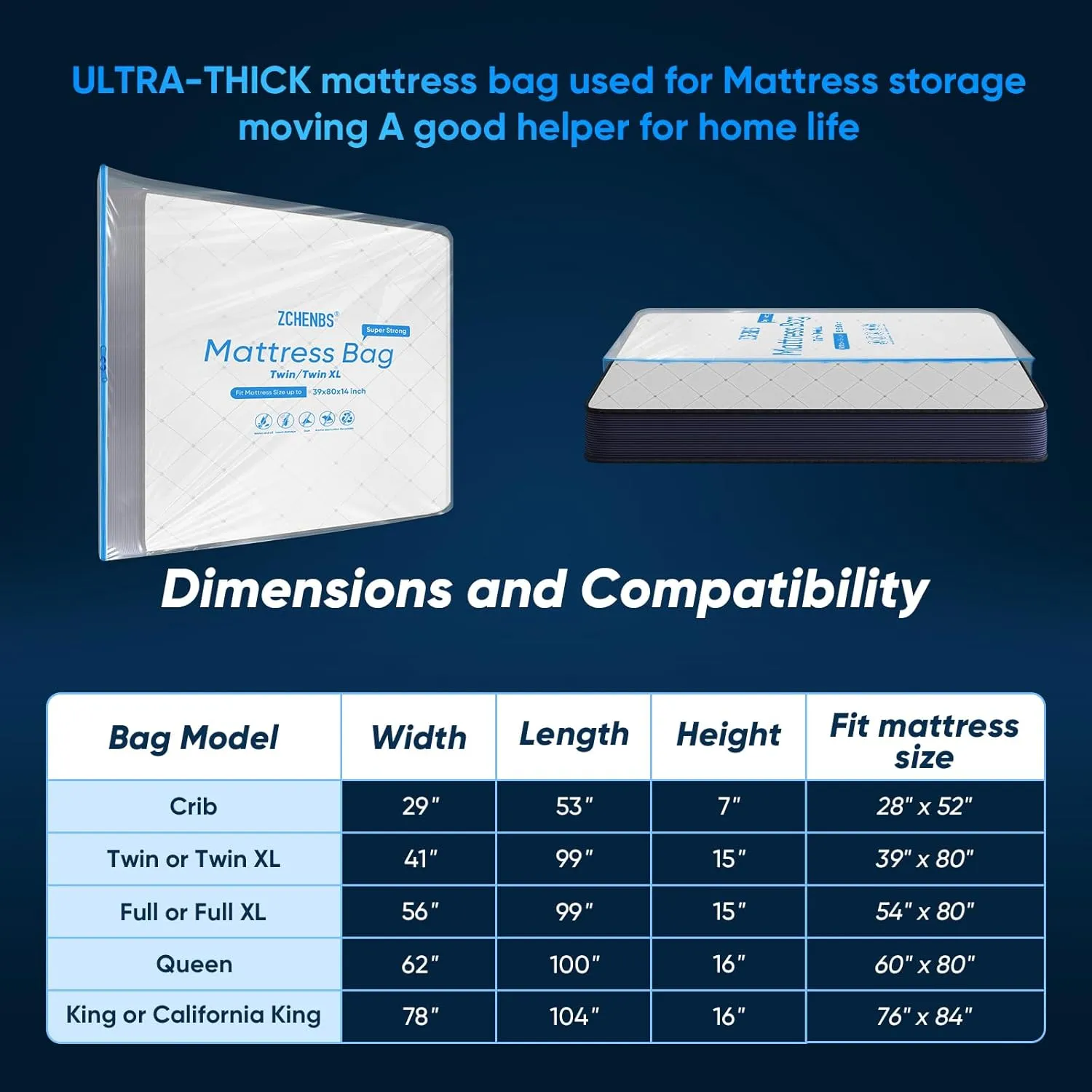 ZCHENBS® – Mattress Bags for Moving and Storage,Mattress Bag with Zippers,5 Mil Ultra-Thick Bed Bag,Waterproof,Anti-Tear,Heavy-Duty Mattress Bag (Transaparent/Blue, Full/Full XL-(1 Pack))