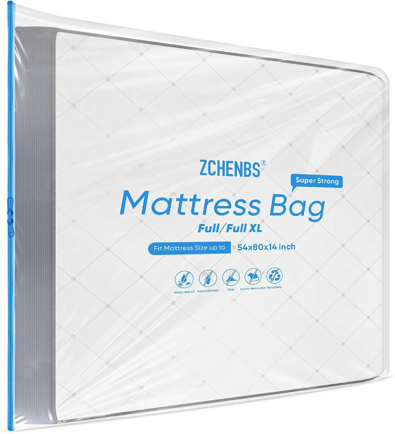 ZCHENBS® – Mattress Bags for Moving and Storage,Mattress Bag with Zippers,5 Mil Ultra-Thick Bed Bag,Waterproof,Anti-Tear,Heavy-Duty Mattress Bag (Transaparent/Blue, Full/Full XL-(1 Pack))