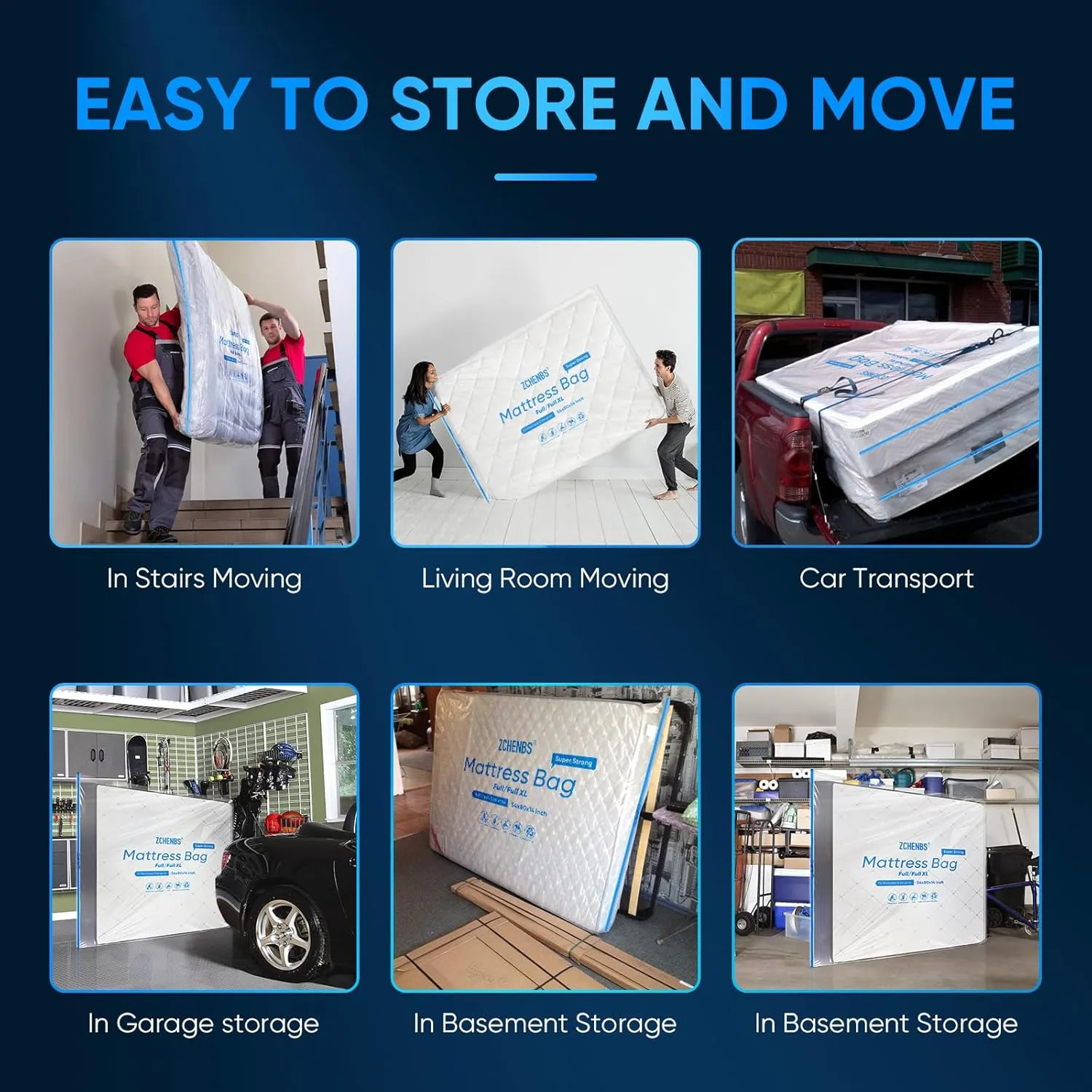 ZCHENBS® – Mattress Bags for Moving and Storage,Mattress Bag with Zippers,5 Mil Ultra-Thick Bed Bag,Waterproof,Anti-Tear,Heavy-Duty Mattress Bag (Transaparent/Blue, Full/Full XL-(1 Pack))