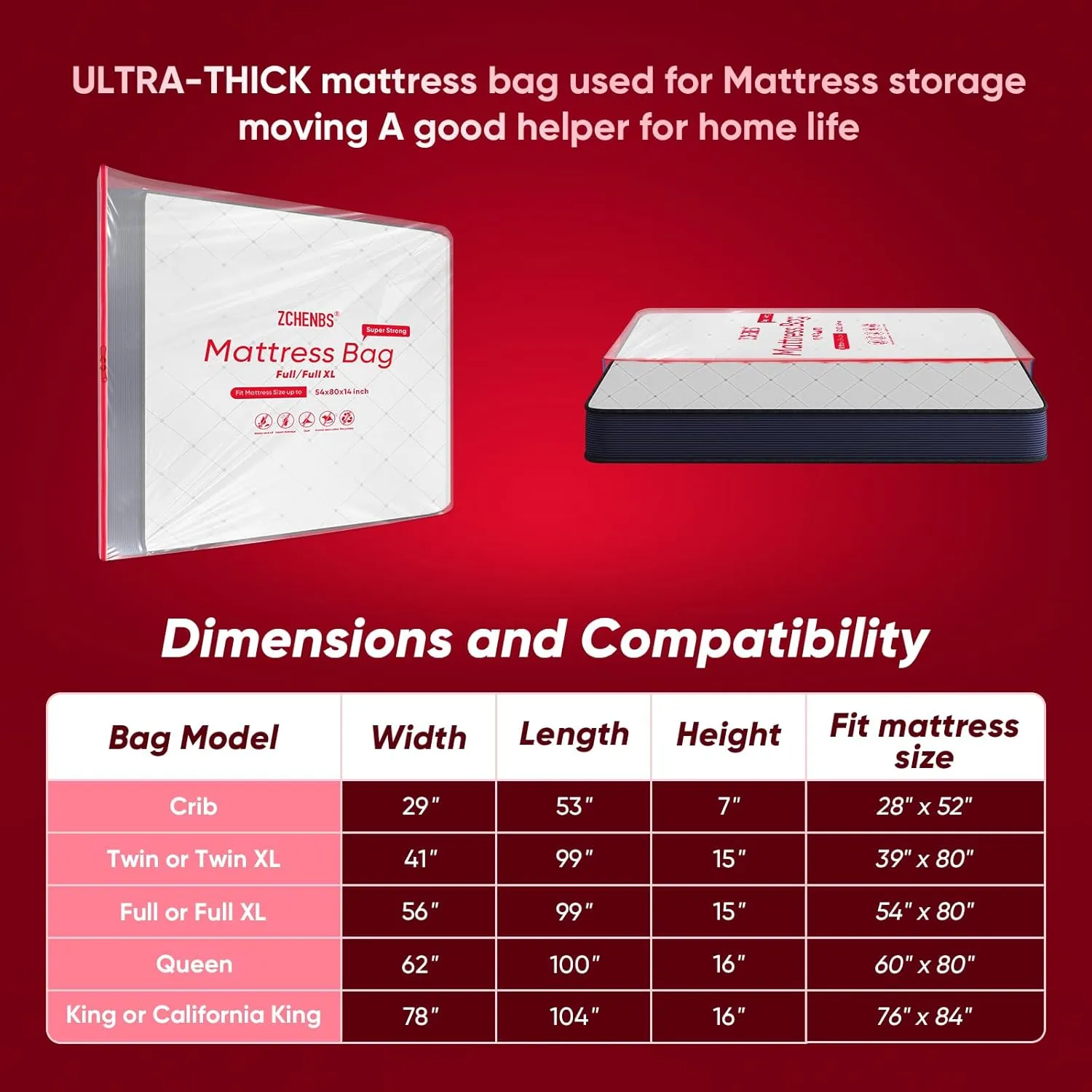 ZCHENBS® – Mattress Bags for Moving and Storage,Mattress Bag with Zippers,5 Mil Ultra-Thick Bed Bag,Waterproof,Anti-Tear,Heavy-Duty Mattress bag (Transaparent/Red, Full/Full XL-(1 Pack))