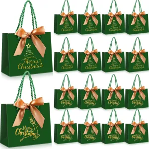 Zhanmai 24 Pcs Christmas Gift Bags Small Xmas Gold Foil Goodie Bags Merry Christmas Tree Elk Candy Favor Baggies with Bow for Xmas Holiday New Year Party Supplies Decor(Green)