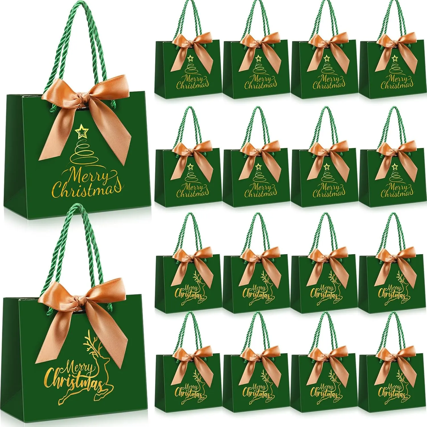 Zhanmai 24 Pcs Christmas Gift Bags Small Xmas Gold Foil Goodie Bags Merry Christmas Tree Elk Candy Favor Baggies with Bow for Xmas Holiday New Year Party Supplies Decor(Green)