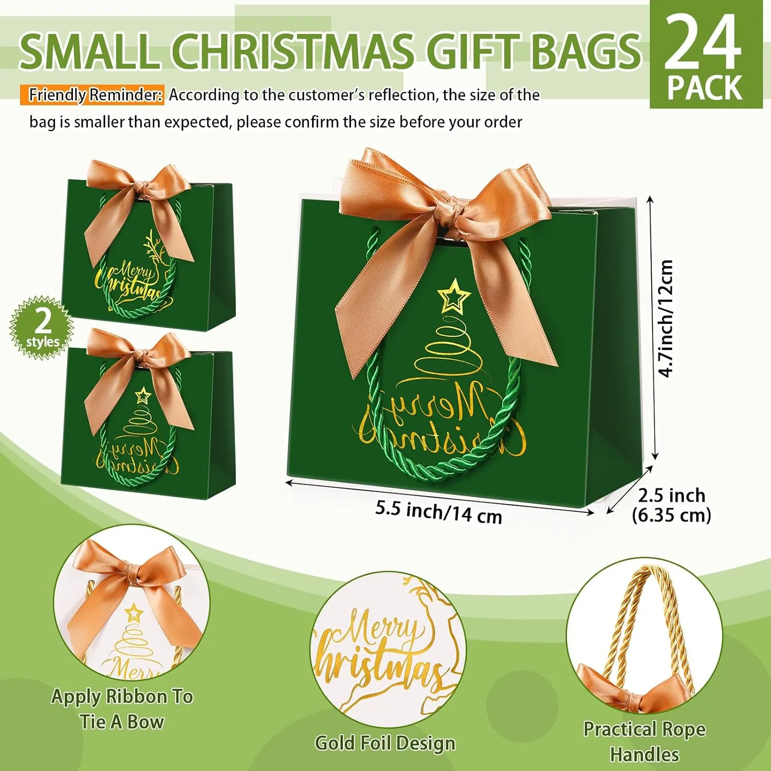 Zhanmai 24 Pcs Christmas Gift Bags Small Xmas Gold Foil Goodie Bags Merry Christmas Tree Elk Candy Favor Baggies with Bow for Xmas Holiday New Year Party Supplies Decor(Green)