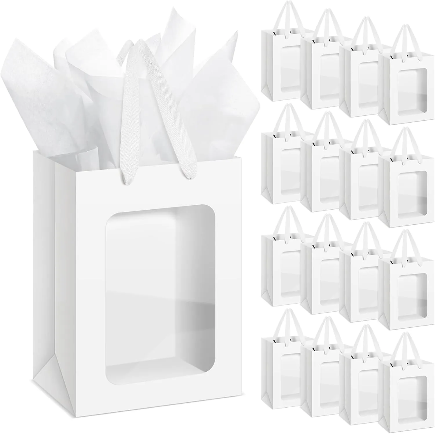 Zhanmai 36 Pcs Gift Bags with Clear Window, Transparent Paper Bags with Tissue 10 x 7 x 5 Inch Kraft Bags with Handles for Christmas Birthdays Festivals Party Weddings Present Wrapping (White)