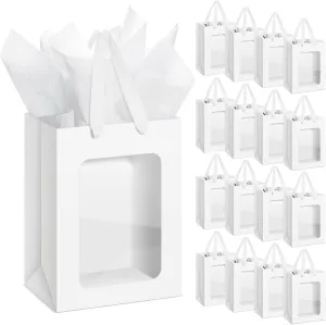 Zhanmai 36 Pcs Gift Bags with Clear Window, Transparent Paper Bags with Tissue 10 x 7 x 5 Inch Kraft Bags with Handles for Christmas Birthdays Festivals Party Weddings Present Wrapping (White)