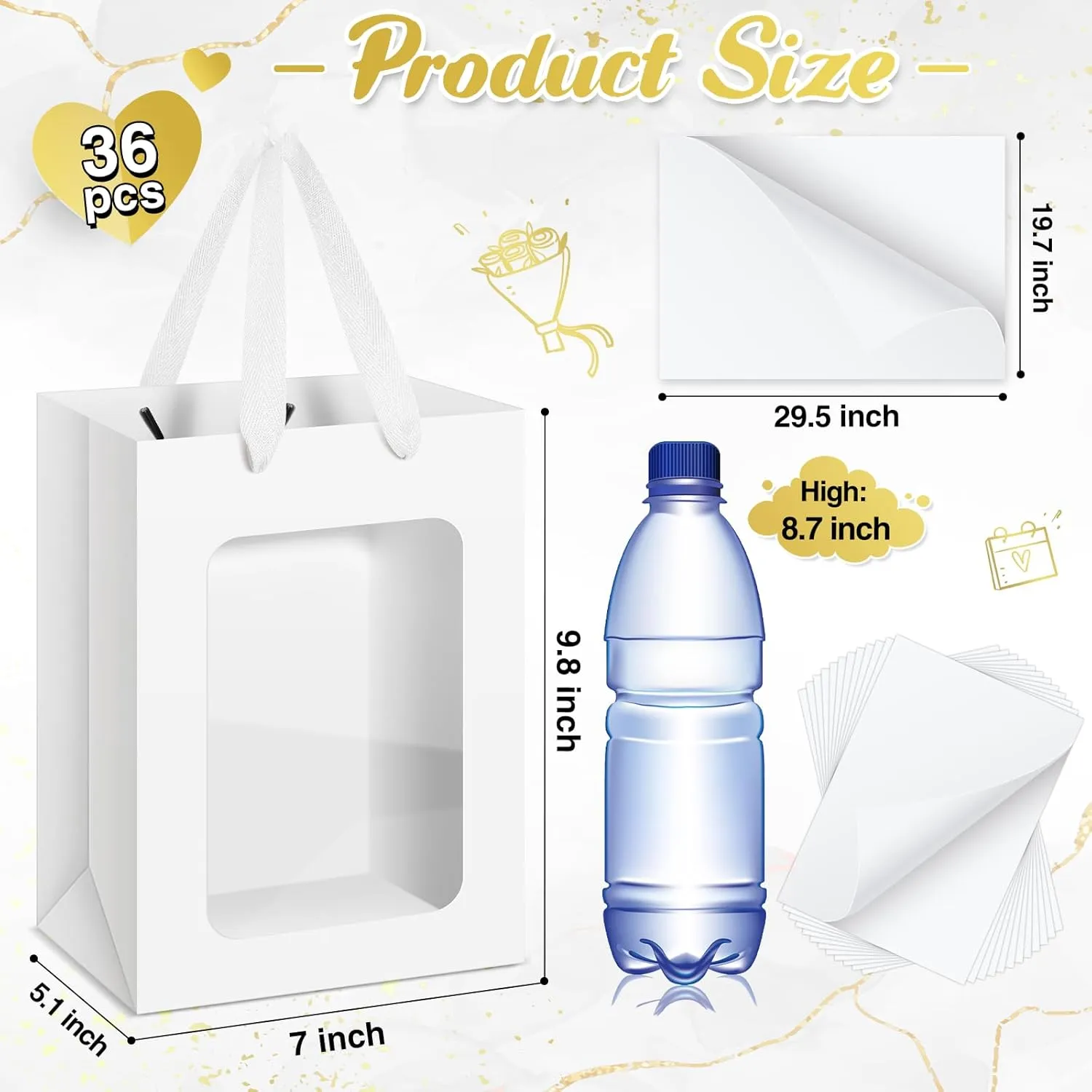 Zhanmai 36 Pcs Gift Bags with Clear Window, Transparent Paper Bags with Tissue 10 x 7 x 5 Inch Kraft Bags with Handles for Christmas Birthdays Festivals Party Weddings Present Wrapping (White)
