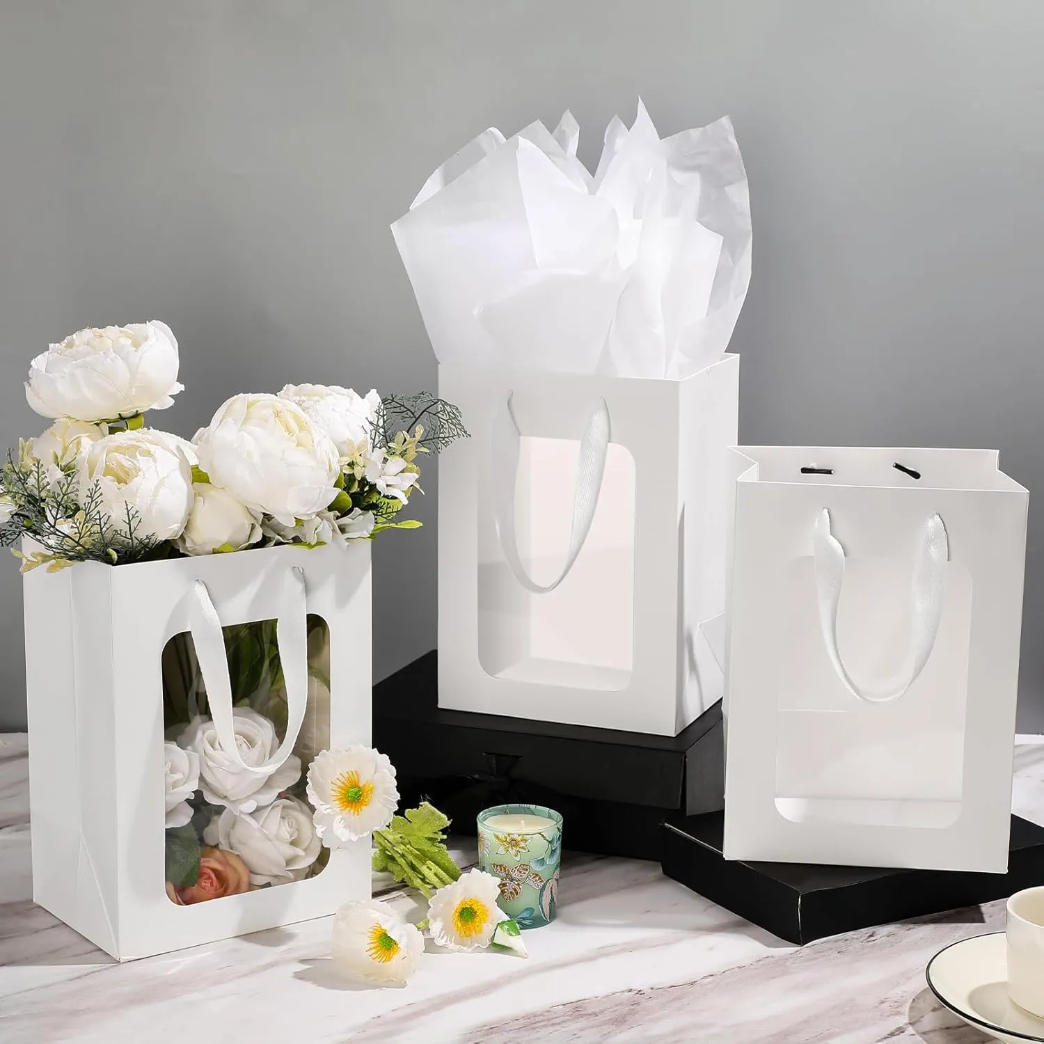 Zhanmai 36 Pcs Gift Bags with Clear Window, Transparent Paper Bags with Tissue 10 x 7 x 5 Inch Kraft Bags with Handles for Christmas Birthdays Festivals Party Weddings Present Wrapping (White)