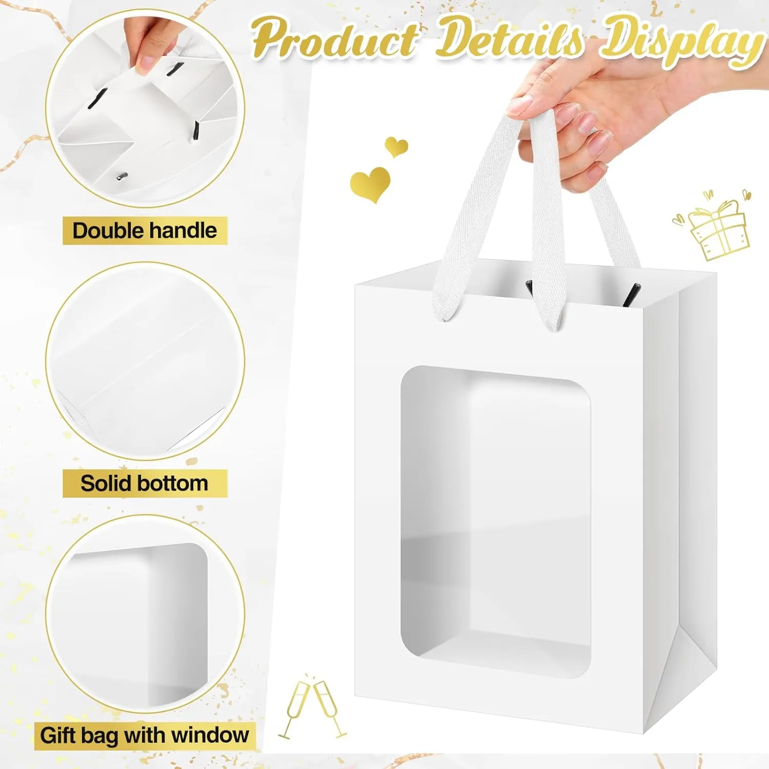 Zhanmai 36 Pcs Gift Bags with Clear Window, Transparent Paper Bags with Tissue 10 x 7 x 5 Inch Kraft Bags with Handles for Christmas Birthdays Festivals Party Weddings Present Wrapping (White)