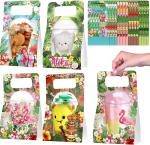 Zhehao 24 Pack Hawaiian Party Favor Gift Supplies Large Summer Hawaiian Beach Card Holder Party Supplies Decorations with Clear Reusable Cups Paper Bag for Summer Theme Holiday Gifts