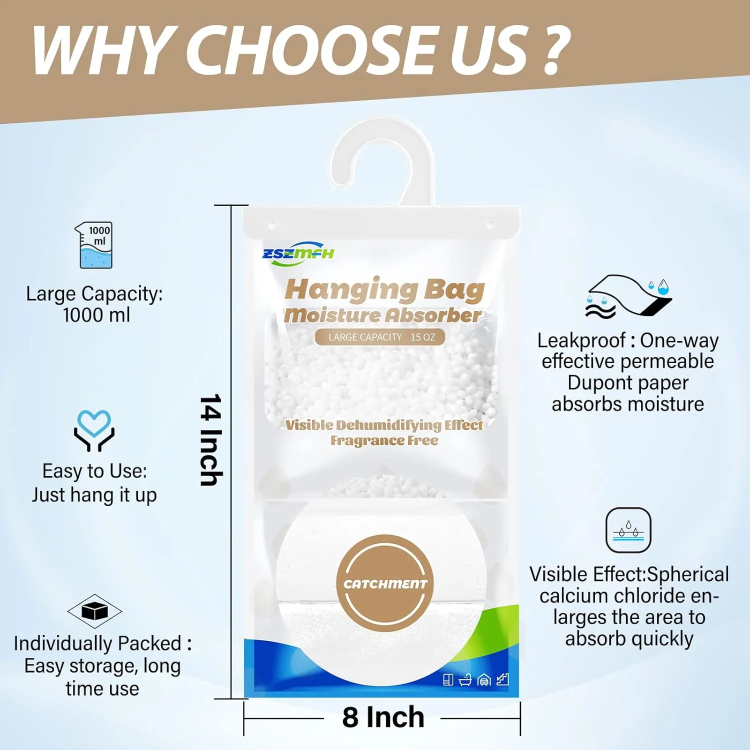 ZSZMFH 10 Pack Moisture Absorber Hanging Bags, Fragrance Free Humidity Packs, 15 OZ Dehumidifier Bags Effectively Trap Extra Moisture,Hanging Closet Dehumidifier Bags-425g/pack
