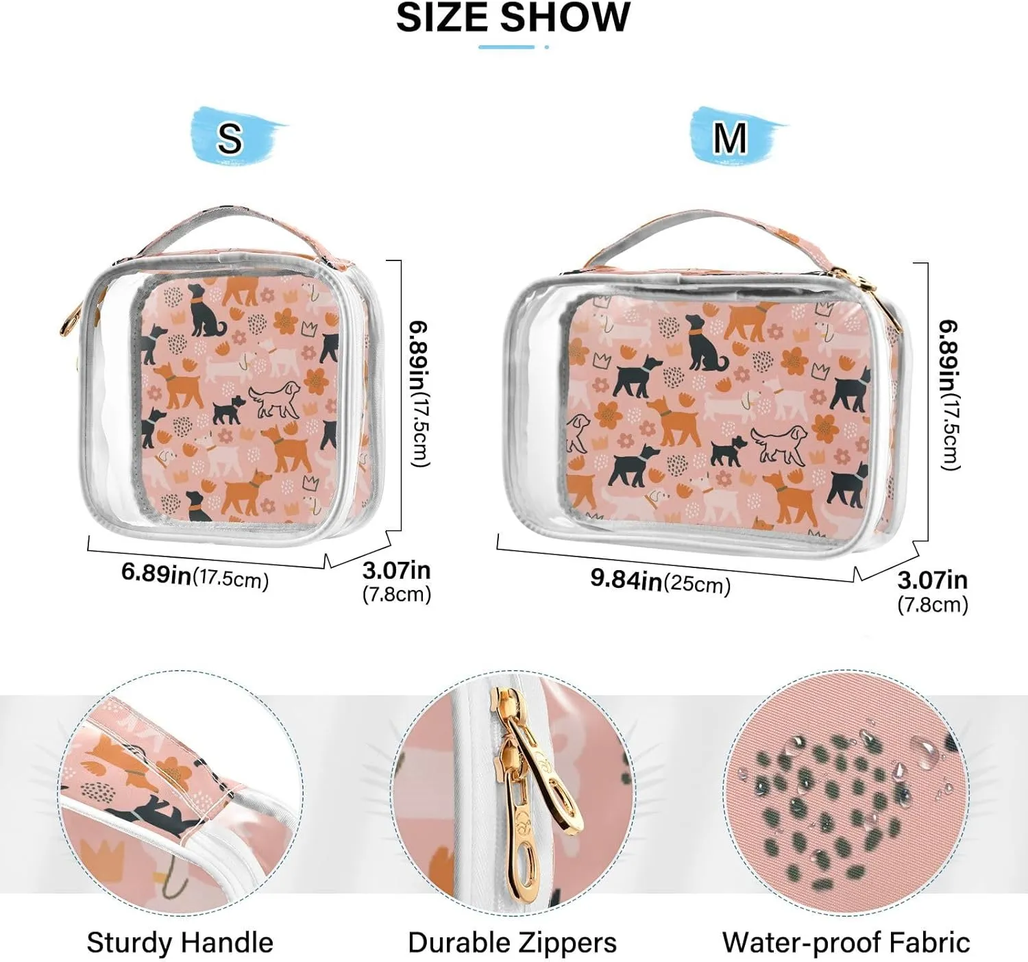 ZZKKO Clear Makeup Bags Dogs Flowers Autumn Travel Toiletry Bag Makeup Pouch Portable Transparent Waterproof Cosmetic Bag with Zipper & Handle for Women Men 2 Pack